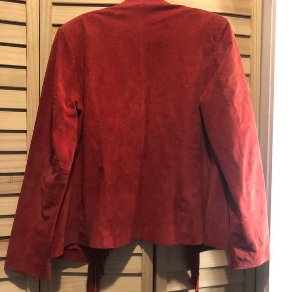 3BWest Women's Fringed Leather Jacket Red Suede Open Front - Picture 7 of 11